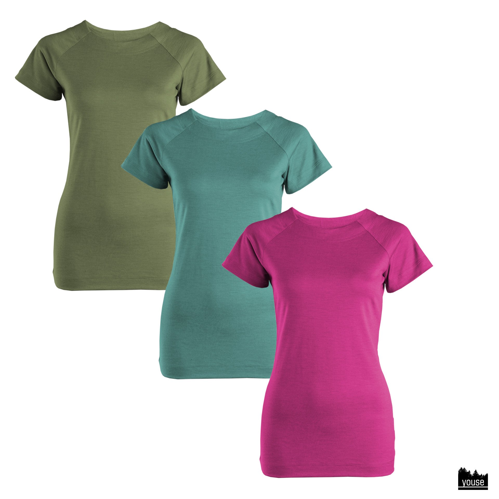 Preview: Raglanshirt Edina aus Bio Merinowolle  kurzarm khaki, petrol, pink