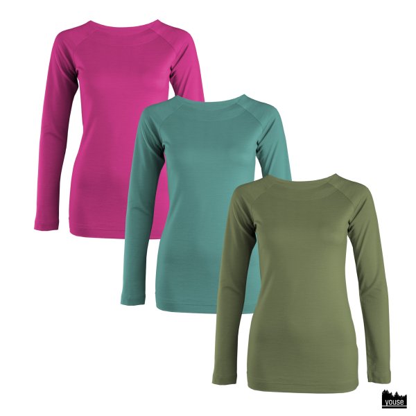 Raglanshirt Edina aus Bio Merinowolle  langarm khaki, petrol, pink
